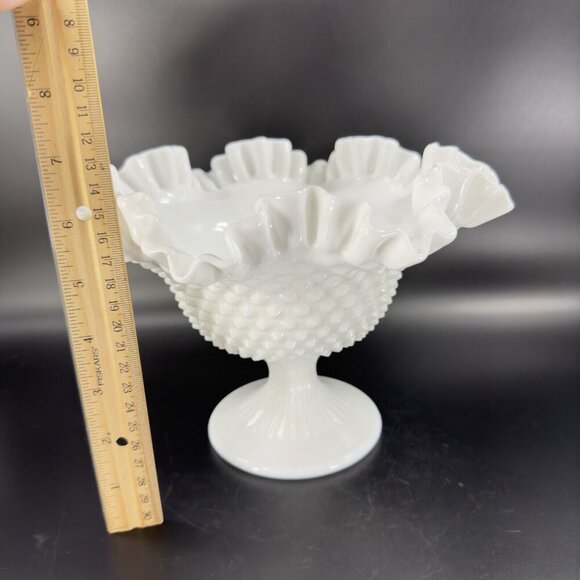 Fenton White Hobnail Footed Compote Ruffled Rim Edges Pedestal Bowl Dish Vintage - Picture 5 of 16